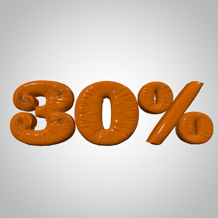 Inflated plastic square illustration of volumetric glossy deformed 3D render of orange percent sign symbol on white gradient background. Balloon metallic. Beautiful volumetric percent sign symbol for advertisingの写真素材
