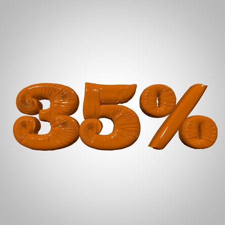 Inflated plastic square illustration of volumetric glossy deformed 3D render of orange percent sign symbol on white gradient background. Balloon metallic. Beautiful volumetric percent sign symbol for advertisingの写真素材