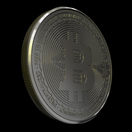 Very beautiful sparkling iridescent glare realistic volumetric silver nickel gold coin of digital crypto currency bitcoin on a black background. 3d render. Cryptocurrency, trading.の写真素材
