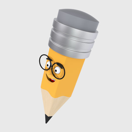 Cartoon realistic funny little yellow with a pleasant smile and wearing 3d pencil glasses who looks away on a white background. With the first of September. Knowledge Day. Back to School. Top left side viewの写真素材