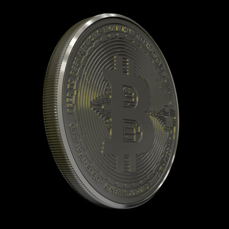 Very beautiful sparkling iridescent glare realistic volumetric silver nickel gold coin of digital crypto currency bitcoin on a black background. 3d render. Cryptocurrency, trading.の写真素材