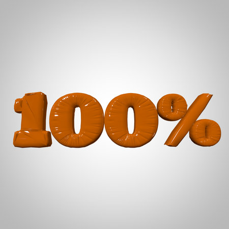 Inflated plastic square illustration of volumetric glossy deformed 3D render of orange 100 percent sign symbol on white gradient background. Balloon metallic. Beautiful volumetric percent sign symbol for advertisingの写真素材