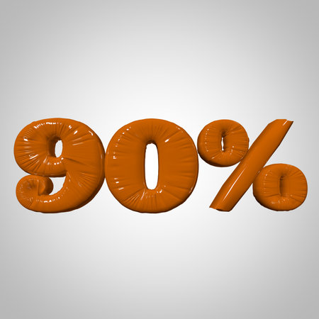 Inflated plastic square illustration of volumetric glossy deformed 3D render of orange 90 percent sign symbol on white gradient background. Balloon metallic. Beautiful volumetric percent sign symbol for advertisingの写真素材
