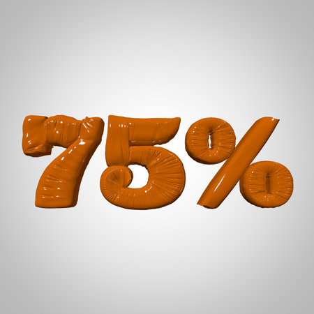 Inflated plastic square illustration of volumetric glossy deformed 3D render of orange 75 percent sign symbol on white gradient background. Balloon metallic. Beautiful volumetric percent sign symbol for advertisingの写真素材