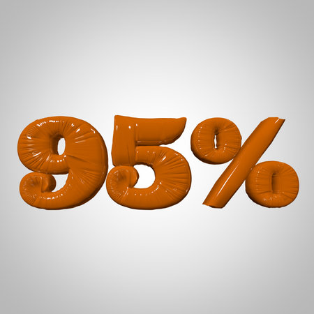 Inflated plastic square illustration of volumetric glossy deformed 3D render of orange 95 percent sign symbol on white gradient background. Balloon metallic. Beautiful volumetric percent sign symbol for advertisingの写真素材