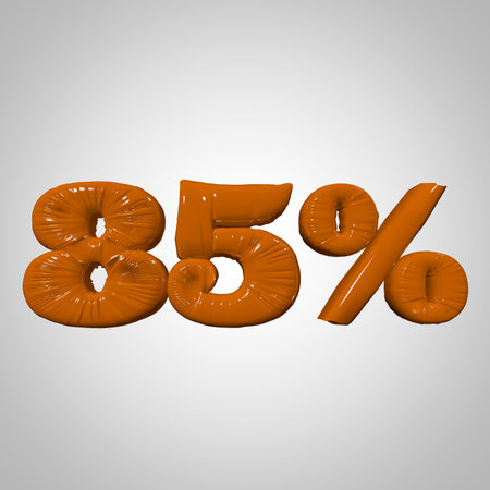 Inflated plastic square illustration of volumetric glossy deformed 3D render of orange 85 percent sign symbol on white gradient background. Balloon metallic. Beautiful volumetric percent sign symbol for advertisingの写真素材