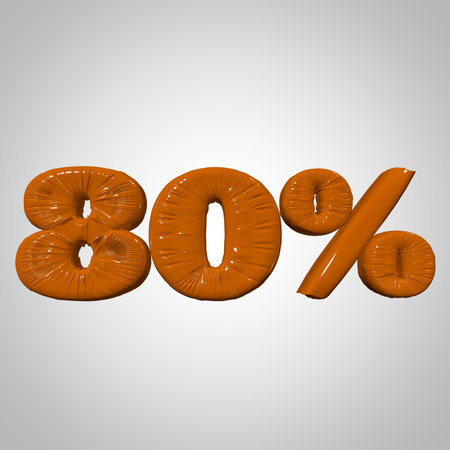 Inflated plastic square illustration of volumetric glossy deformed 3D render of orange 80 percent sign symbol on white gradient background. Balloon metallic. Beautiful volumetric percent sign symbol for advertisingの写真素材