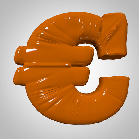 Plastic inflated deformed glossy volumetric 3d render isolated orange euro sign on white gray square background. Gold Euro sign. Realistic 3d rendering.の写真素材