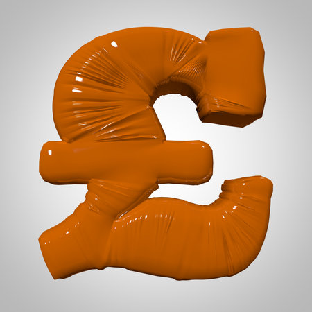 Plastic inflated deformed glossy volumetric 3d render isolated orange pound sign on white gray square background. Pound golden sign. Realistic 3d renderingの写真素材