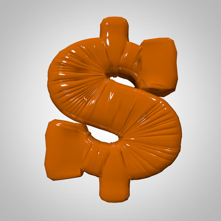 Plastic inflated deformed glossy volumetric 3d render isolated orange dollar sign on white gray square backgroundの写真素材