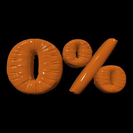 Inflated plastic square illustration of volumetric glossy deformed 3D render of orange number 0 percent on white gradient background. Balloon metallic number. Beautiful volumetric number for advertisingのイラスト素材