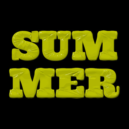 Inflated plastic square illustration of volumetric glossy deformed 3D render of green lettering summer on black gradient backgroundのイラスト素材