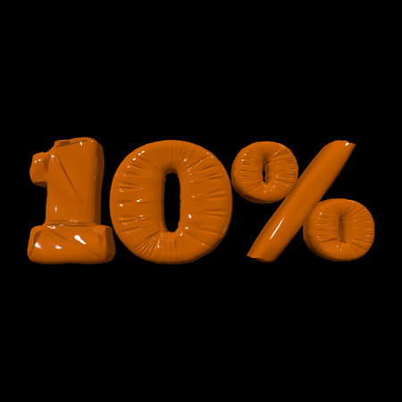 Inflated plastic square illustration of volumetric glossy deformed 3D render of orange number 10 percent on black background. Balloon metallic number. Beautiful volumetric number for advertisingのイラスト素材