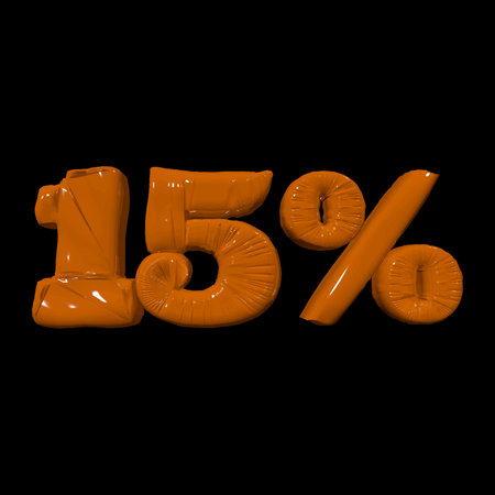 Inflated plastic square illustration of volumetric glossy deformed 3D render of orange number 15 percent on black background. Balloon metallic number. Beautiful volumetric number for advertisingのイラスト素材