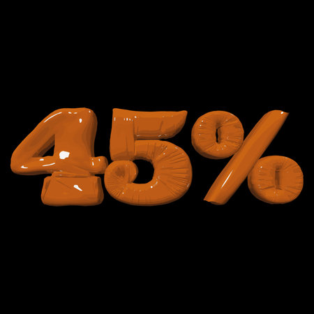 Inflated plastic square illustration of volumetric glossy deformed 3D render of orange number 45 percent on black background. Balloon metallic number. Beautiful volumetric number for advertisingのイラスト素材