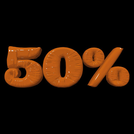 Inflated plastic square illustration of volumetric glossy deformed 3D render of orange number 50 percent on black background. Balloon metallic number. Beautiful volumetric number for advertisingのイラスト素材