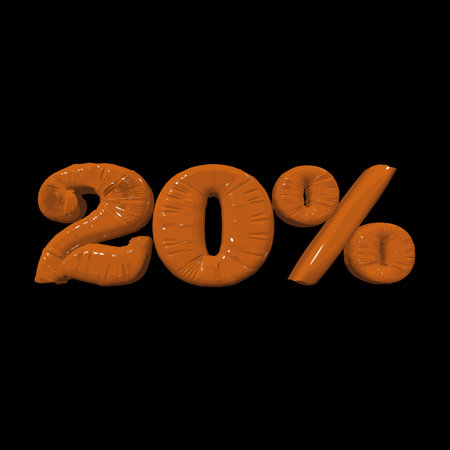 Inflated plastic square illustration of volumetric glossy deformed 3D render of orange number 20 percent on black background. Balloon metallic number. Beautiful volumetric number for advertisingのイラスト素材