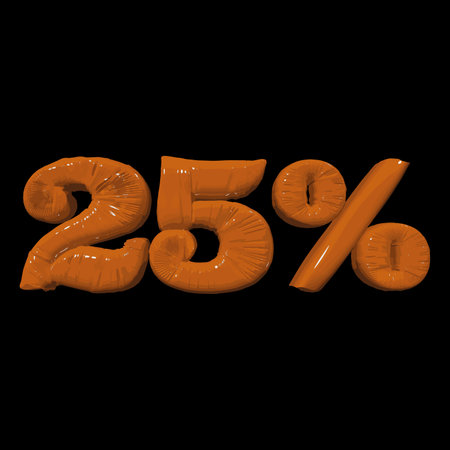 Inflated plastic square illustration of volumetric glossy deformed 3D render of orange number 25 percent on black background. Balloon metallic number. Beautiful volumetric number for advertisingのイラスト素材