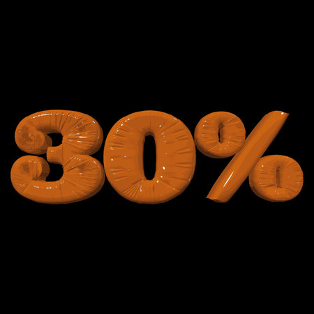 Inflated plastic square illustration of volumetric glossy deformed 3D render of orange number 30 percent on black background. Balloon metallic number. Beautiful volumetric number for advertisingのイラスト素材