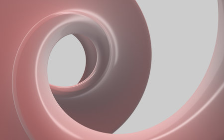 Abstract beautiful modern illustration of flowing swirl with holes in gradient metallic pink and gray color on a gray background. Modern header with light pink, pastel gray colors. Dynamic curved lines with fluid flowing waves and curves. Abstract geometric aluminium and pink color backgroundの写真素材