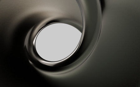 Abstract beautiful modern illustration of flowing swirl with holes in gradient metallic gray and black color on a gray background. Modern header with light slate gray, pastel gray and dark slate gray colors. Dynamic curved lines with fluid flowing waves and curves. Abstract geometric aluminium and gray color backgroundの写真素材