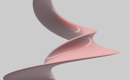 Abstract beautiful modern illustration of flowing swirl, twisted pipe with holes in gradient metallic pink and gray color on a gray background. Modern header with light pink, pastel gray colors. Dynamic curved lines with fluid flowing waves and curves. Abstract geometric aluminium and pink color backgroundの写真素材