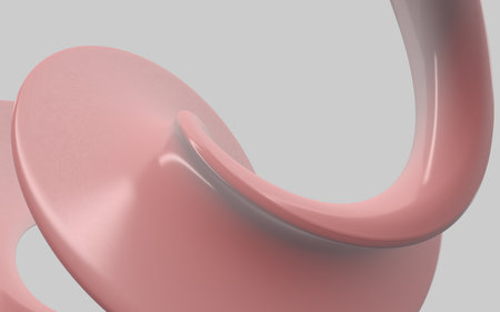 Abstract beautiful modern illustration of flowing swirl, twisted pipe with holes in gradient metallic pink and gray color on a gray background. Modern header with light pink, pastel gray colors. Dynamic curved lines with fluid flowing waves and curves. Abstract geometric aluminium and pink color backgroundの写真素材