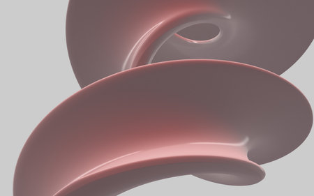 Abstract beautiful modern illustration of flowing swirl, twisted pipe with holes in gradient metallic pink and gray color on a gray background. Modern header with light pink, pastel gray colors. Dynamic curved lines with fluid flowing waves and curves. Abstract geometric aluminium and pink color backgroundの写真素材