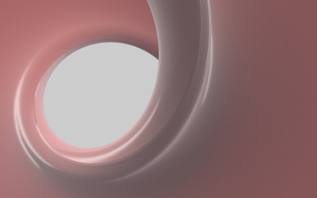 Abstract beautiful modern illustration of flowing swirl with holes in gradient metallic pink and gray color on a gray background. Modern header with light pink, pastel gray colors. Dynamic curved lines with fluid flowing waves and curves. Abstract geometric aluminium and pink color backgroundの写真素材