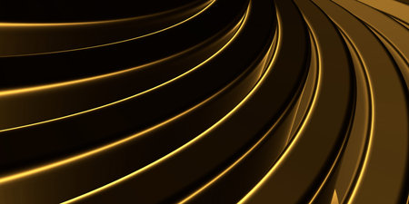Abstract futuristic illustration of a golden circle with golden stripes coming from it with black shadows on a black background, similar to a futuristic image of the sun. Abstract luxury style golden and black background.の写真素材