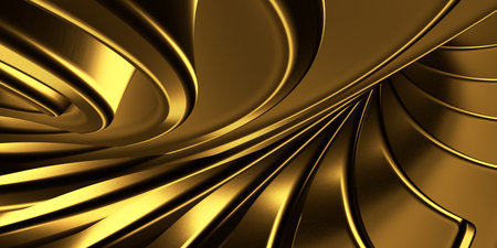 Abstract futuristic illustration of a golden circle with golden stripes coming from it with black shadows on a black background, similar to a futuristic image of the sun. Abstract luxury style golden and black background.の写真素材