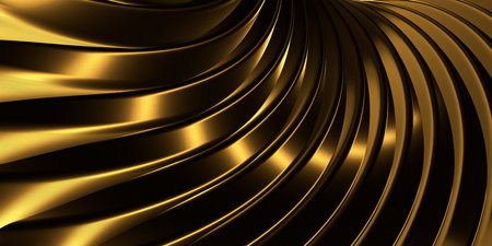 Abstract futuristic illustration of a golden circle with golden stripes coming from it with black shadows on a black background, similar to a futuristic image of the sun. Abstract luxury style golden and black background.の写真素材