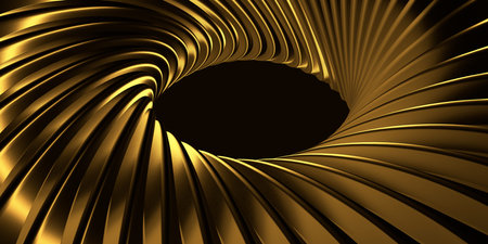 Abstract futuristic illustration of a golden circle with golden stripes coming from it with black shadows on a black background, similar to a futuristic image of the sun. Abstract luxury style golden and black background.の写真素材