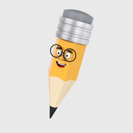 Cartoon realistic funny little yellow with a pleasant smile and wearing 3d pencil glasses who looks away on a white background. With the first of September. Knowledge Day. Back to School. Left viewの写真素材