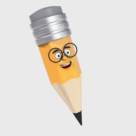 Cartoon realistic funny little yellow with a pleasant smile and wearing 3d pencil glasses who looks away on a white background. With the first of September. Knowledge Day. Back to School. Front viewの写真素材