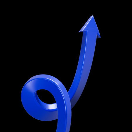 Abstract image of a blue 3D arrow twisted into a loop and pointing upwards on a black background, symbolizing growth, progress, forward movement, and developmentの写真素材
