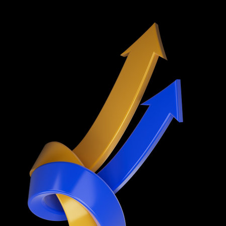 Abstract image of two intertwined 3D arrows, one blue and one yellow, pointing upwards on a black background, symbolizing growth, progress, collaboration, and upward movemenの写真素材