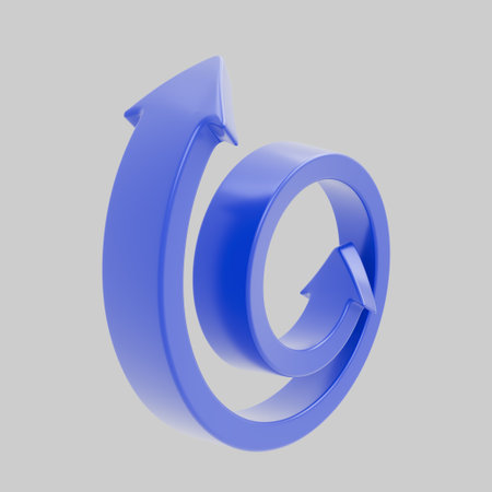 Abstract 3D blue twisted arrow figure on a white background, symbolizing a cycle or update. Ideal for use in interfaces, presentations, infographics, and web designの写真素材