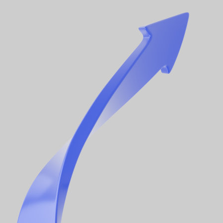 Abstract 3D figure of a blue curved arrow pointing upwards on a white background. Symbolizes growth, progress, or upward direction. Ideal for use in business presentations, infographics, and designの写真素材