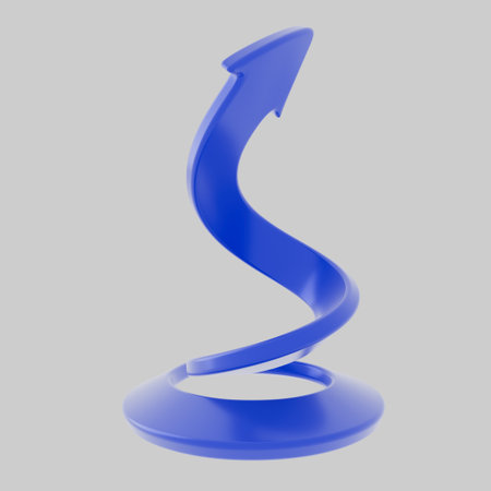 Abstract 3D statuette in the shape of a blue spiral arrow pointing upwards on a white background. Concept of an award symbolizing growth, progress, and success. Ideal for business presentations and infographicsの写真素材