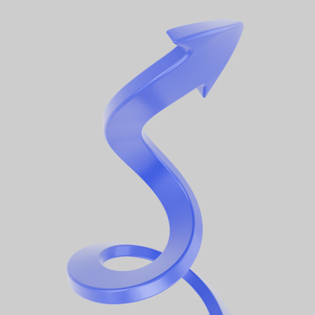 Abstract 3D statuette in the shape of a blue spiral arrow pointing upwards on a white background. Concept of an award symbolizing growth, progress, and success. Ideal for business presentations and infographicsの写真素材