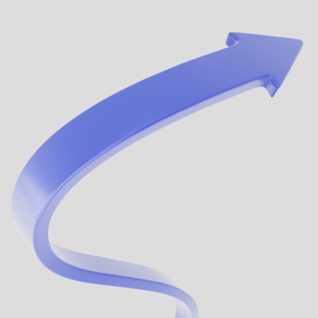 Abstract 3D figure of a blue curved arrow pointing upwards on a white background. Symbolizes growth,...