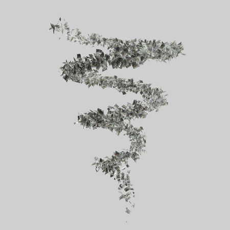 The image shows a 3D vortex resembling a tornado made of numerous realistic banknotes. The bills spiral, creating the effect of a dynamic cash flow on a white background, gradually disappearing.の写真素材