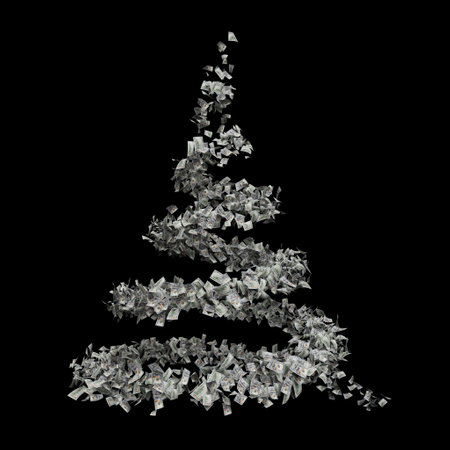 The image shows a 3D spiral resembling a Christmas tree made of numerous realistic banknotes. They rise upwards, creating a vortex effect that gradually disappears against the black background.の写真素材