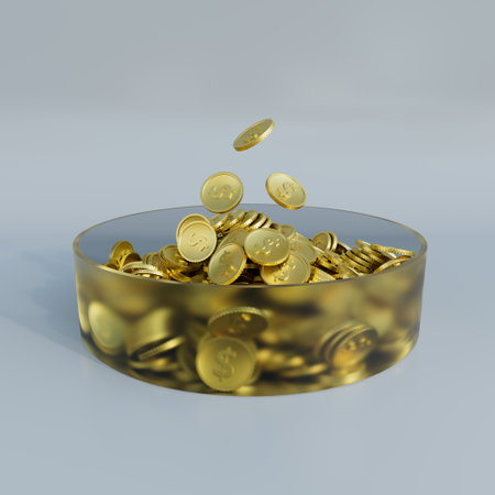 Transparent bowl filled with gold coins featuring dollar signs, with some coins mid-air as if being added to the bowl, set against a light gray background. Symbolizes wealth and savings. 3D renderの写真素材