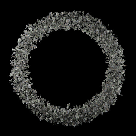 A voluminous circle, ring, consisting of hundreds of maximally realistic dollar bills floating on a black background. Frame for a picture, banner or any other use. 3d renderの写真素材