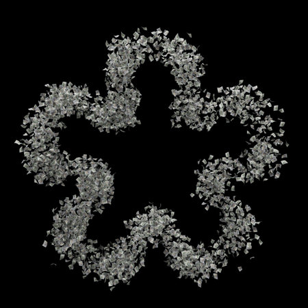 A voluminous five-pointed symbol, star, consisting of hundreds of maximally realistic dollar bills floating on a black background. Frame for a picture, banner or any other use. 3d renderの写真素材