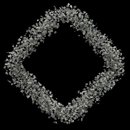 A voluminous rhombus, rectangle consisting of hundreds of maximally realistic dollar bills floating on a black background. Frame for a picture, banner or any other use. 3d renderの写真素材