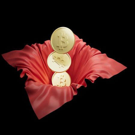 3D rendering of gold coins with the Bitcoin symbol falling into softly draped red fabric on a black background, concept of cryptocurrency, digital wealth, and investments in a modern styleの写真素材