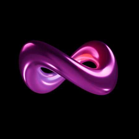 Futuristic 3D infinity symbol, abstract purple ribbon with stand on black background, modern digital art, neon shape, geometric figure, infinity and eternity conceptの写真素材